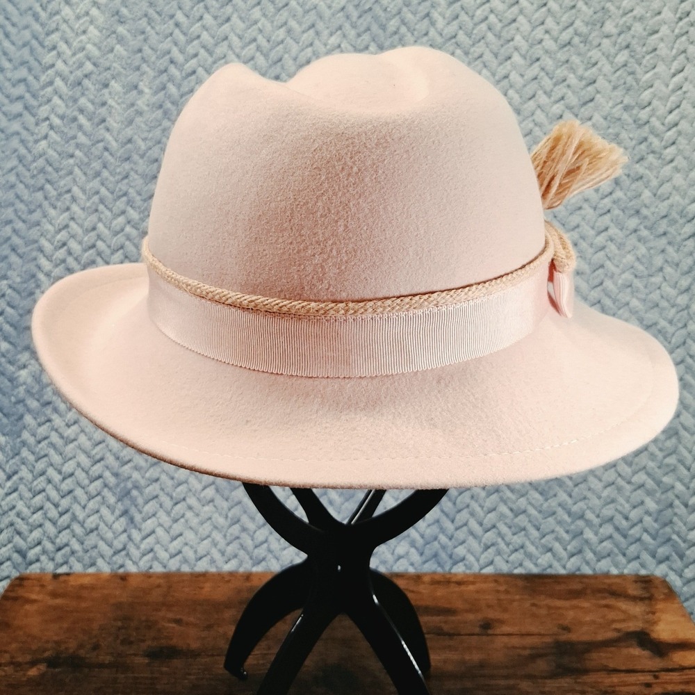 Vintage Pink Wool Felt Fedora Hat Made in USA Union Label Tassel Bow Wide Brim